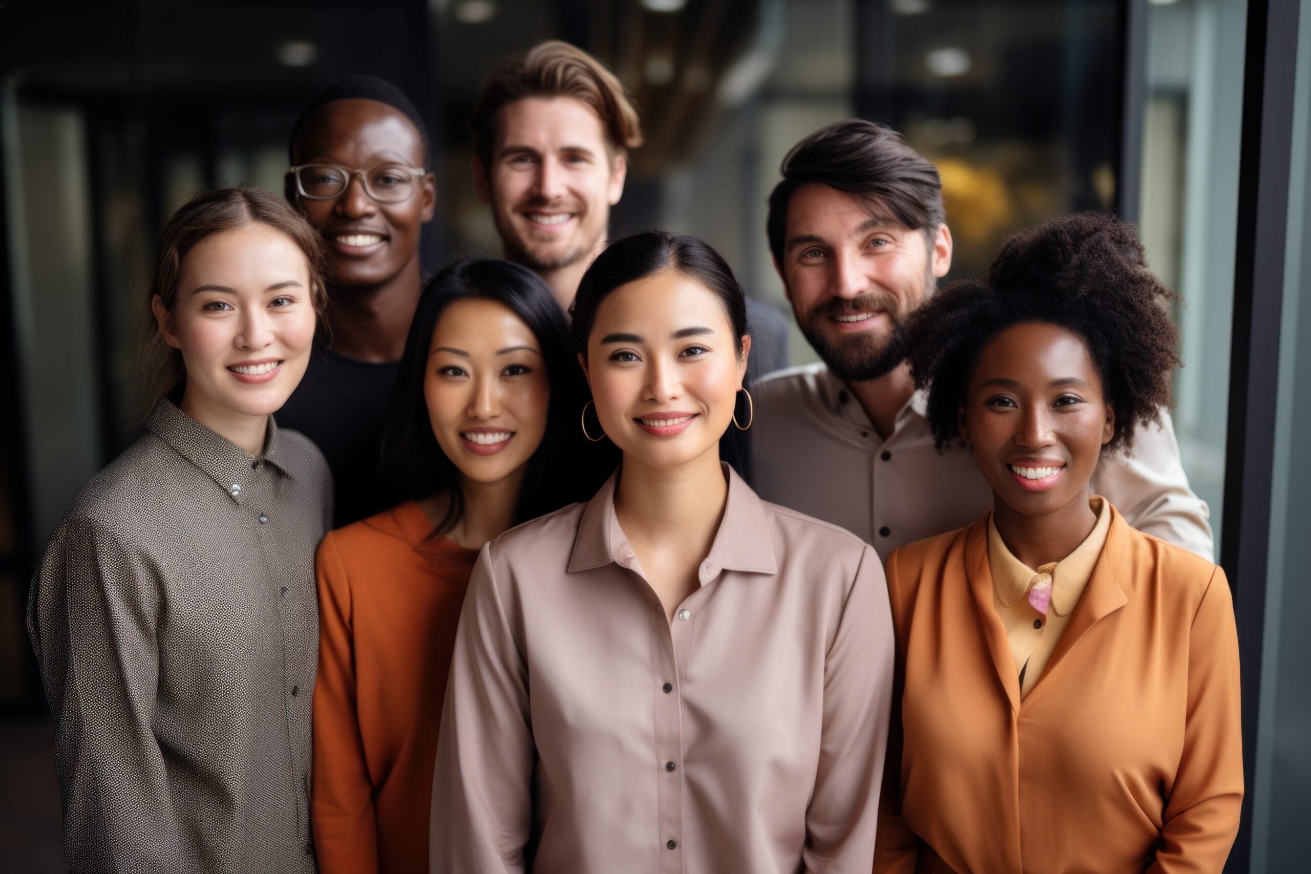 Group of different ethnicities. International Day office background. Generative AI